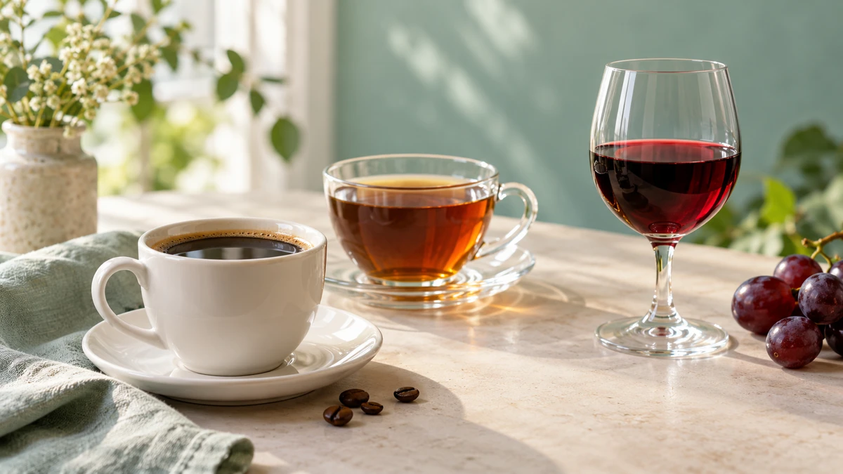 Composição fotorrealista gerada por IA com café, chá, uvas e vinho
