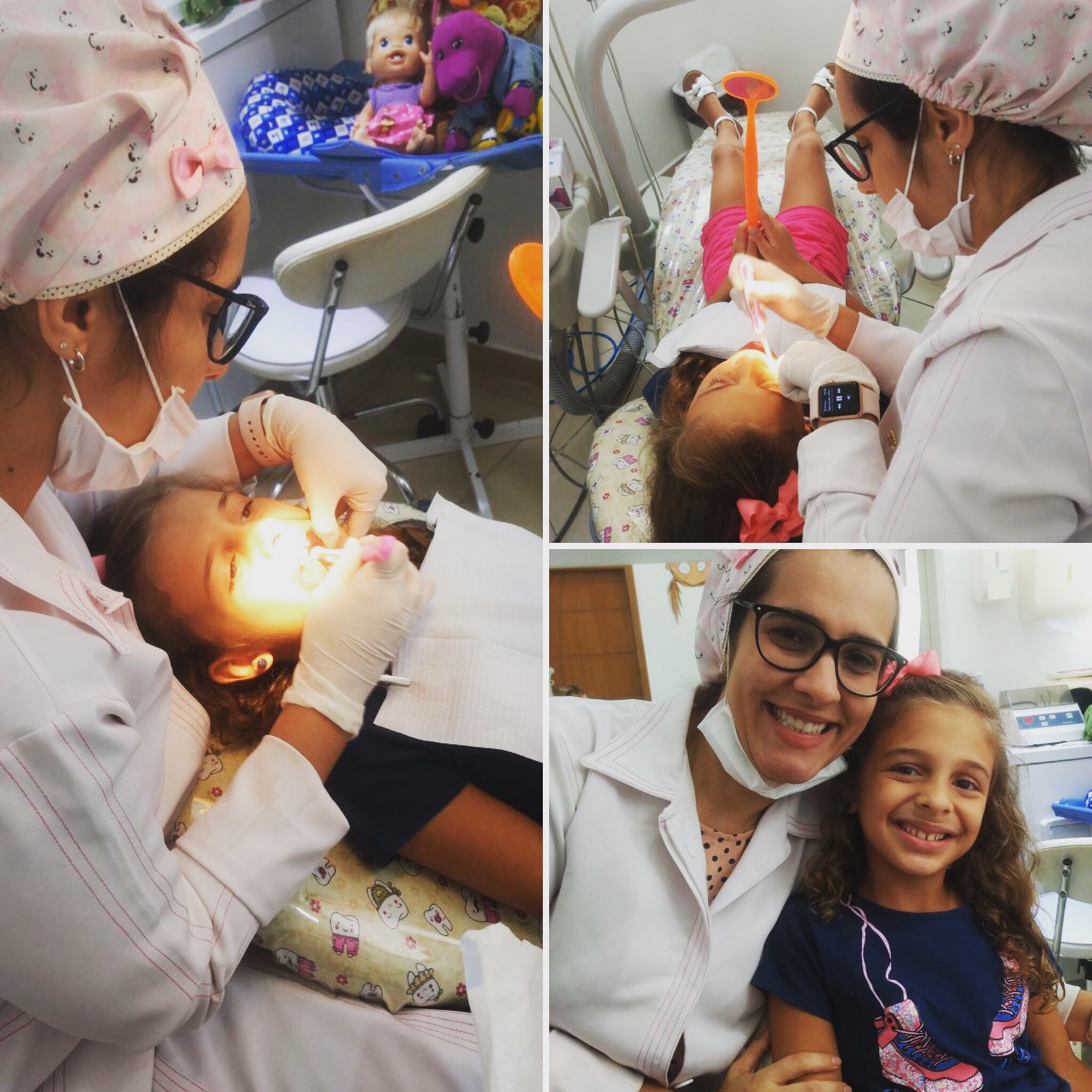 Conjunto de registros da Dra. Anne atendendo crianças em diferentes consultas.
