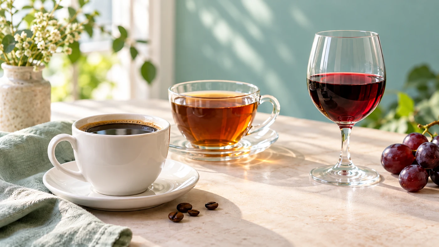 Composição ilustrativa com café, chá e vinho