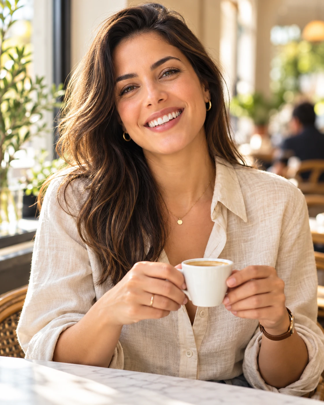 Imagem ilustrativa de uma mulher sorrindo com uma xícara de café