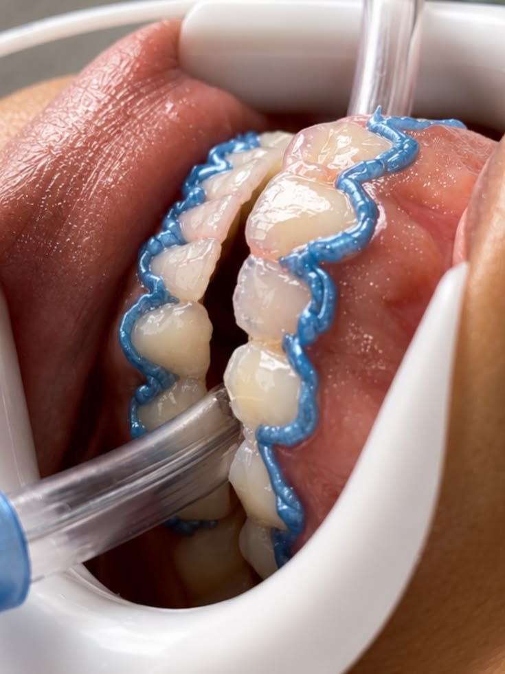 Fotografia ilustrativa de aplicação de material em procedimento odontológico